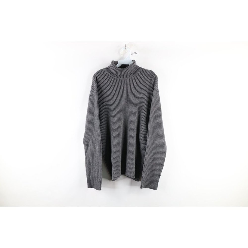 Vintage 90s Guess Mens Large Faded Cotton Ribbed Knit Turtleneck Sweater Gray